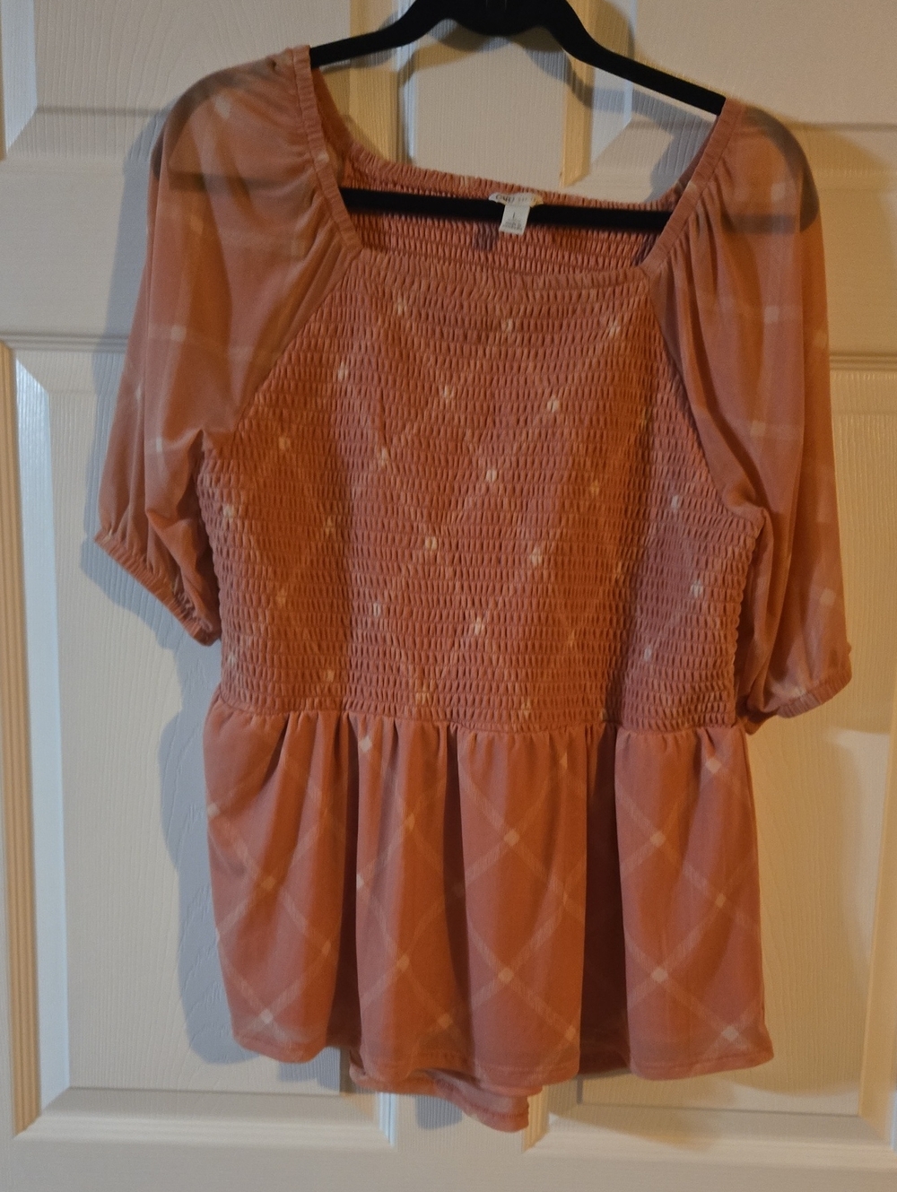 Cato Peach Plaid Smocked Peplum Blouse